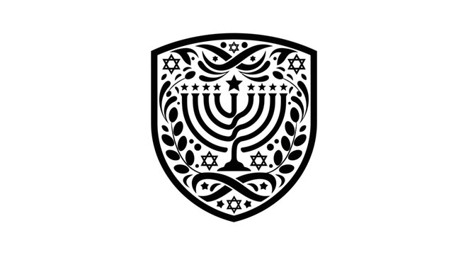 Black and white vector illustration of a heraldic shield with a menorah and Star of David emblem.