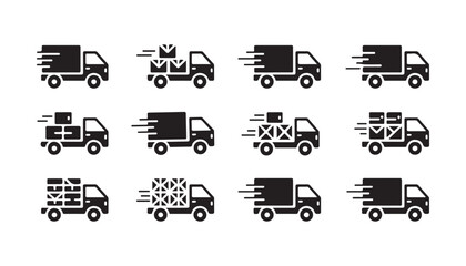 Set of delivery truck icons fast shipping express delivery moving cargo van black vector signs. © MSTALIMA