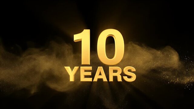 10 years anniversary golden text with glowing light and dust particles effect