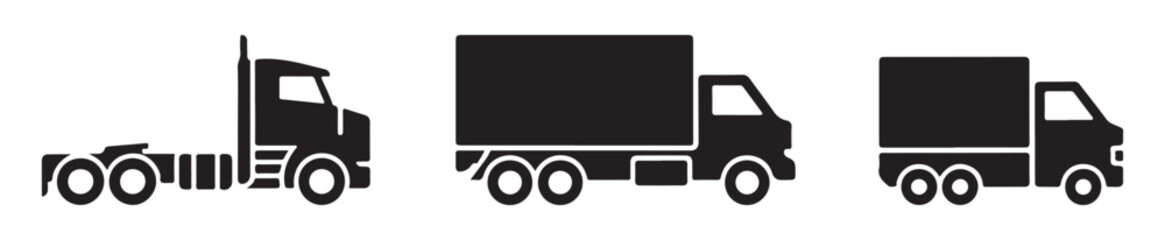 Set of delivery truck icons fast shipping express delivery moving cargo van black vector sign. © MSTALIMA
