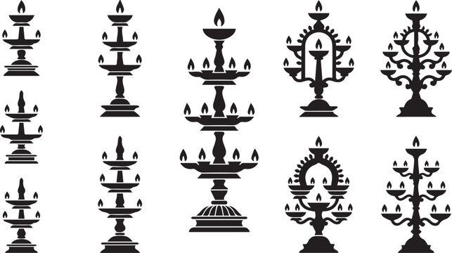 Traditional Brass Oil Lamp Diya Vector Icons Set with Multi Tier Deepam Lamps for Hindu Festivals and Religious Ceremonies
