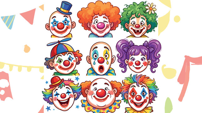 Cute Circus Clown Avatar Clipart Collection Vector Featuring Colorful Jester Characters with Propeller Hat Rainbow Hair Top Hat Bows and Winking Face Expressions