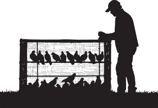 Silhouette of man feeding chickens in a fenced enclosure