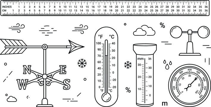 Weather and meteorology measurement line icon vector set featuring thermometer barometer rain gauge anemometer weather vane and ruler
