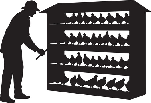 Silhouette of man feeding chickens in multi-tiered coop