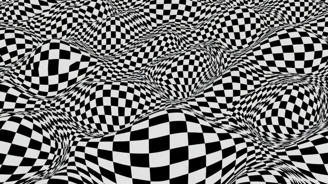 Optical illusion, black and white checkered pattern, distorted background, abstract design