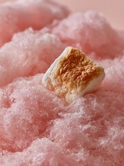 Fototapeta premium Close up macro shot of cotton candy fibers with a toasted marshmallow piece nestled within, showcasing the fluffy texture and pastel pink color of the confectionery