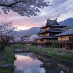 Obraz premium Traditional Japanese Temple by Cherry Blossom River at Sunset