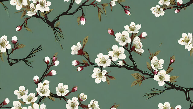 cherry blossom background, Japanese gouache flower print minimal cherry blossoms and branches sage green backdrop seamless vector