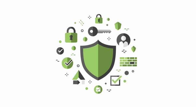 Cyber Security and Digital Data Protection Concept Illustration with Shield, Padlock, Key, and Firewall Icons in Flat Design Style on White Background