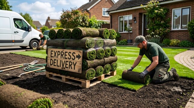 Professional landscapers install new sod lawn from express delivery service at a residential house.