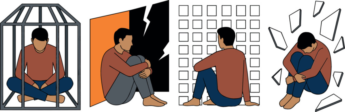 Mental Agony and Severe Depression Vector Icon Set Featuring Lonely Hopeless Man Trapped in Birdcage Sitting inside Dark Split Walls Grid Matrix and Shattered Glass Elements