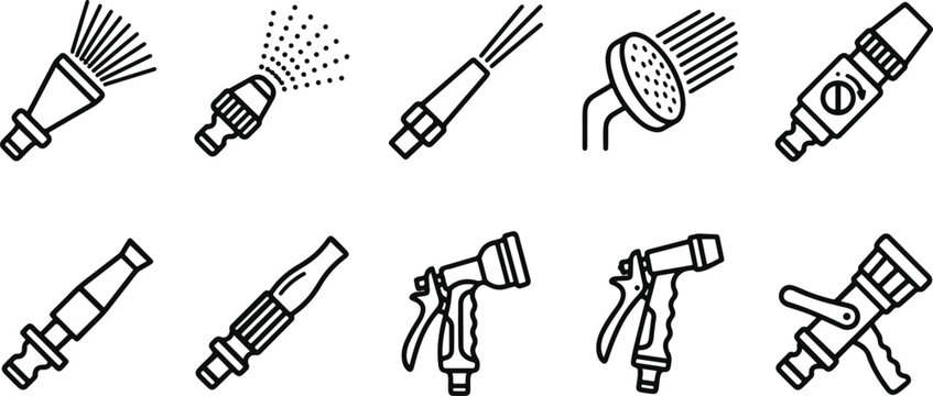 Black and white line art nozzle sprayer icons