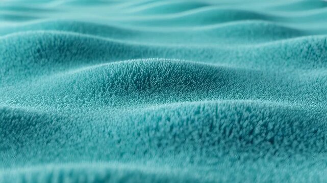 Blue fluffy fabric texture with wavy folds. Soft velvet textile material with uneven surface. Abstract background showing ripples of plush cloth for interior design.