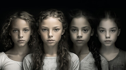 Fototapeta premium Four children with serious expressions against a dark background