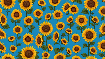 Fototapeta premium seamless floral pattern,cute cartoon smiling sunflowers playful flat vector style bright sky blue background seamless