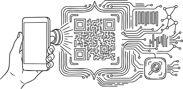 Continuous one line drawing hand holding smartphone scanning matrix barcode data concept vector