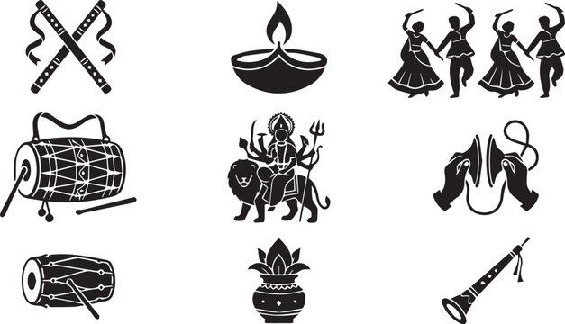 Navratri Festival Vector Icon Set Featuring Goddess Durga, Garba Dancers, Dandiya Sticks, Diya, Dhak Drum, Kalash and Hindu Celebration Symbols