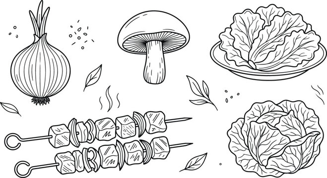 Fresh vegetables and grilling shish kebab line icon vector set featuring onion mushroom lettuce cabbage and meat skewers