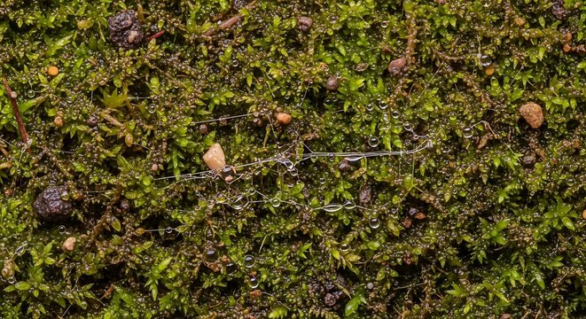 Close up view of lush green moss carpet in forest.