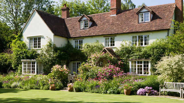 White English country cottage with a lush blooming garden, green lawn, roses, and rustic wooden bench on a sunny day