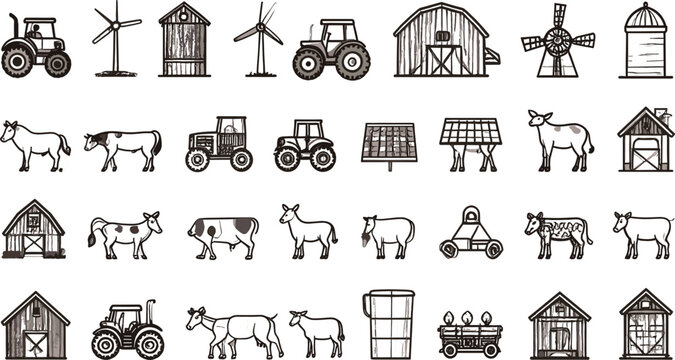 Hand drawn farm icon vector set featuring sketch tractors barns cows horses windmills and agricultural elements isolated on white background