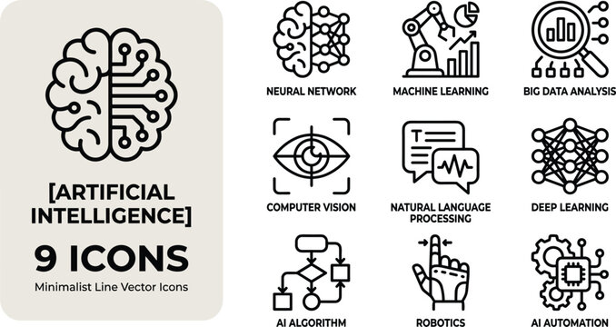 Minimalist line artificial intelligence icon set featuring machine learning neural network automation symbols for modern technology and digital innovation