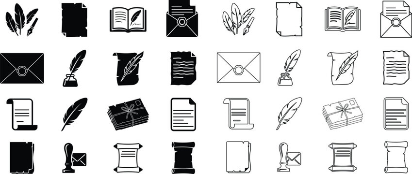 Ancient paper and quill pen icon set in vintage line and glyph style vector collection featuring parchment, scroll, manuscript, envelope and writing symbols isolated on transparent background