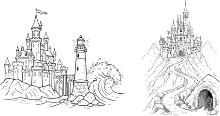 Fototapeta premium Fantasy Fairytale Castle Vector Illustration Set Featuring Majestic Medieval Fortresses with Ocean Lighthouse Waves Mountains Cave and Scenic Path Backgrounds