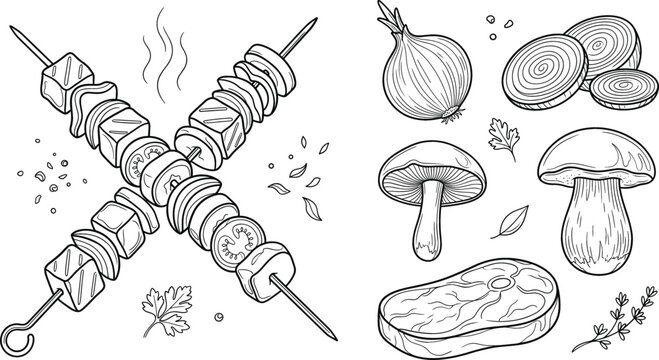 Barbecue shish kebab skewers and grilling ingredients line icon vector set featuring raw steak meat mushrooms and onions