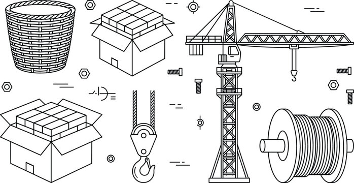 Construction and logistics line icon vector set featuring tower crane cardboard boxes basket hoist hook and cable spool