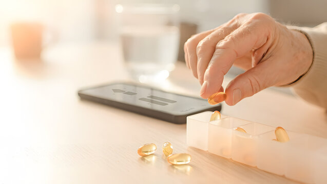 An elderly hand organizing golden gel capsules into a plastic weekly pill box organizer on a table next to a smartphone, focusing on senior health tracking and medication