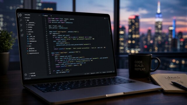 Coder works late, eyes focused on glowing lines. City skyline glows behind, dusk paints the scene. Coffee cup sits beside notebook, tools of the trade
