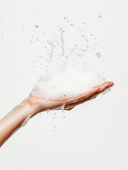 Fototapeta premium A woman's hand holding soap suds with water droplets. Studio photography with a clean, white background. Suitable for hygiene, skincare, and health related design projects.