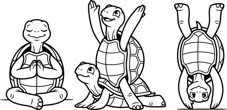 Cute Cartoon Yoga Turtle Vector Illustration Set with Character Mascot Meditating Doing Handstand and Acro Gymnastics Stretches for Kids Coloring Books