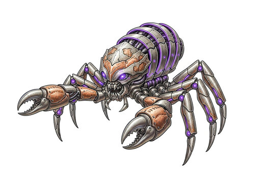 Mechanical robot spider creature with metal pincers