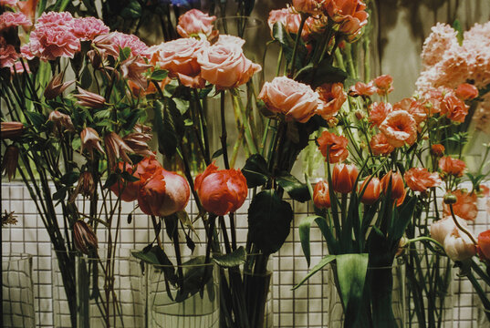 Lush floral arrangement at a flower market stall