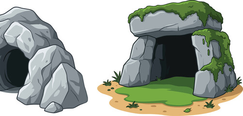 Prehistoric Stone Cave Entrance Vector Vector Illustration Set with Mossy Rocks and Dark Mountain Caverns for Game Assets and Cartoon Landscapes © shakil