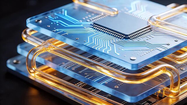 Stacked transparent circuit boards with glowing pathways