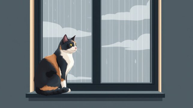 Calico cat sits on window sill watching rain fall outside during gloomy autumn cloudy day.