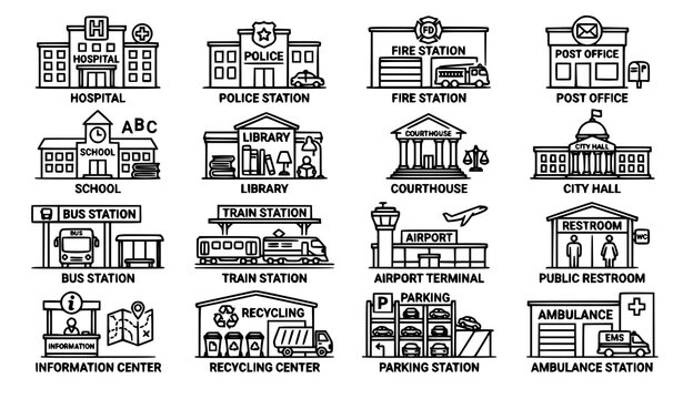 Public Service Station Line Art Vector Collection with Government and Community Buildings