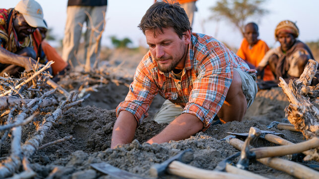 International development volunteer kneels beside a village well construction site in a dry rural landscape, working alongside local laborers and an interpreter, hand tools and equipment spread acro