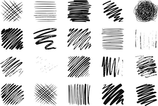 無地の白い背景に描かれた手描きの落書き、クロスハッチング、芸術的な鉛筆のストロークのコレクション