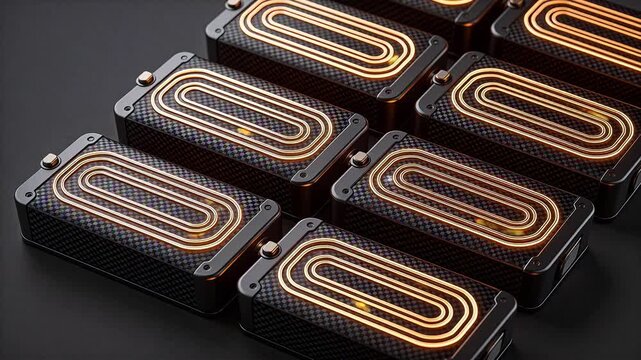 Array of glowing neonlike designs on textured blocks
