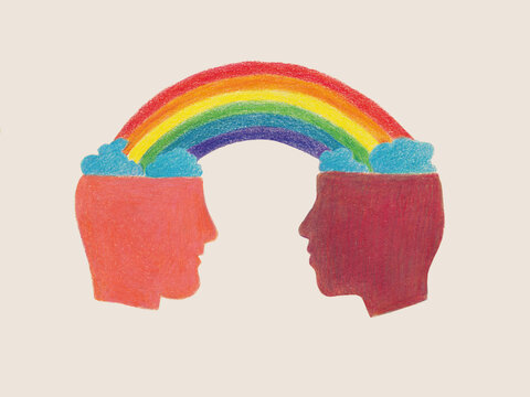 Two Heads With a Rainbow Connecting Them. Colored pencils drawing.