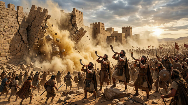 The thick stone walls of Jericho collapsing and falling as the Israelite army blows ram's horns. Biblical warfare and miracle of Joshua