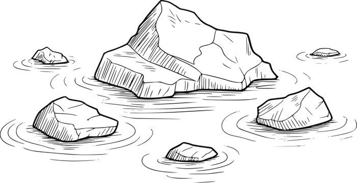 穏やかな水面に浮かび、周囲に穏やかなさざなみが広がるいくつかの岩の手描きイラスト