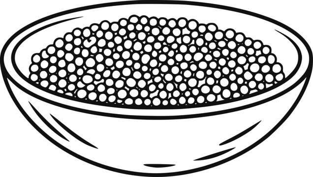 料理用の小さな丸い穀物や種子で満たされたボウルのシンプルな白黒線画