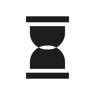 Minimalist black vector icon of a geometric hourglass sand timer. Flat abstract time management emblem isolated on a white background.