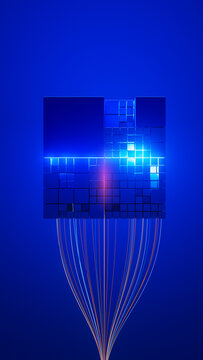 Digital cube structure with light trails creating a stream effect